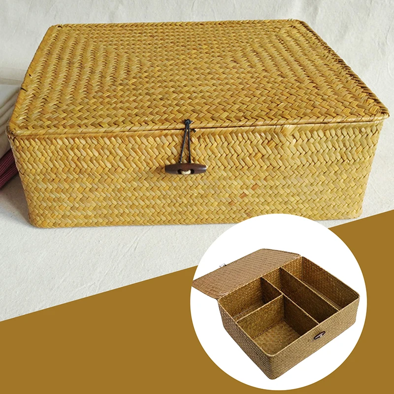 4 Grids Large Seagrass Box Rattan Storage Basket with Lid Rectangular Sundries Clothes Cosmetic Toys Organizer Box Home Decor