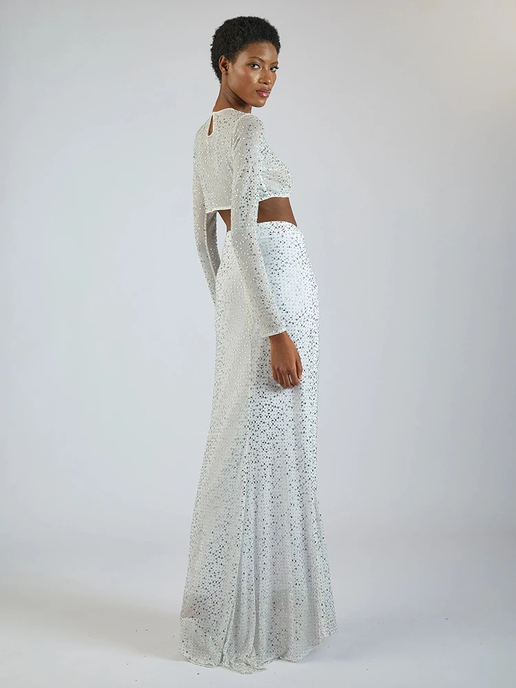 أزياء كوكتيل حزب جاذبية الترتر الأبيض المحاصيل الأعلى وتنورة مجموعة مثير ملهى ليلي ثوب مسائي بأكمام طويلة #2