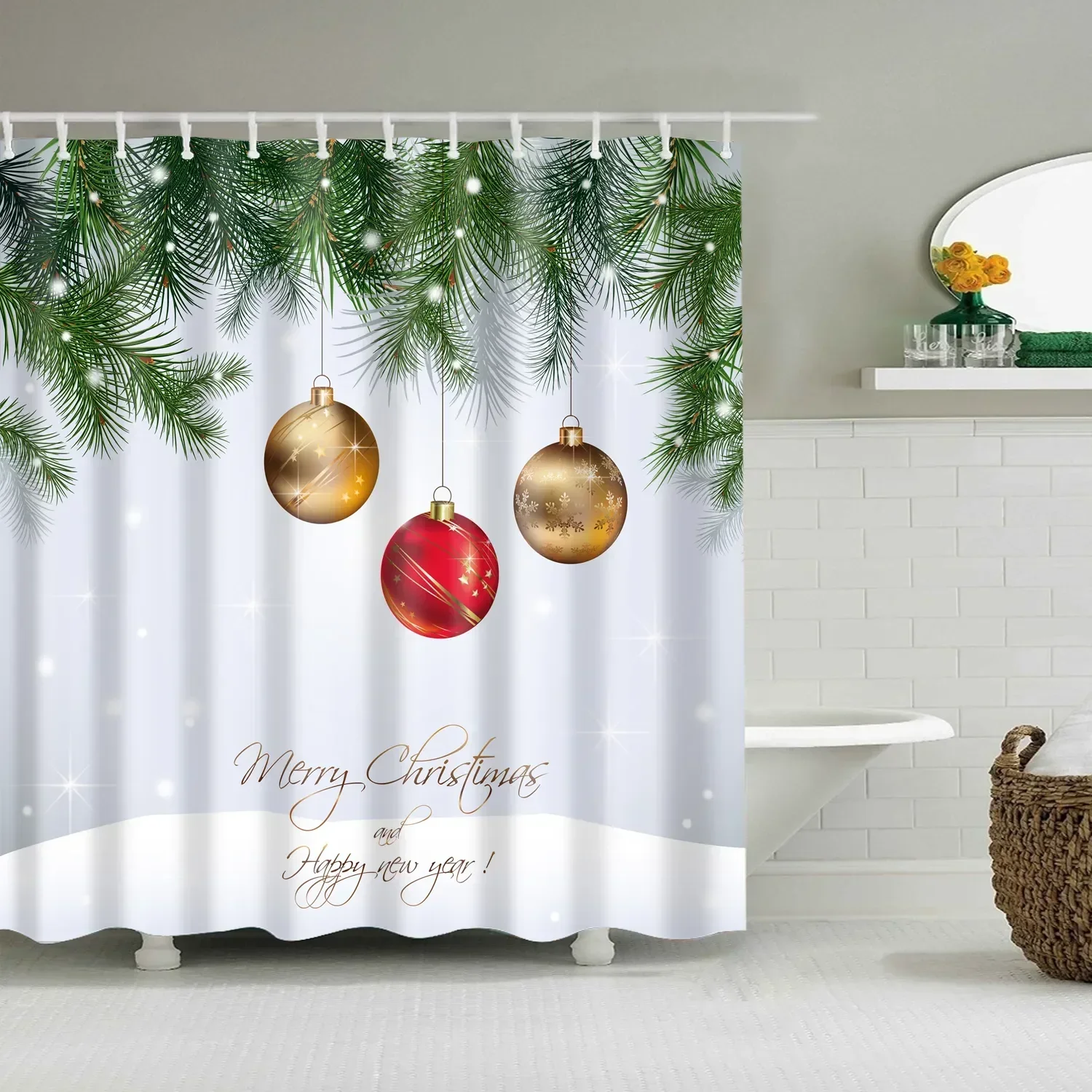 Christmas Shower Curtain Santa Claus Moose Snowman Truck Socks Gifts Christmas Balls Winter Cedar Cartoon Bathroom Decor Fabrics