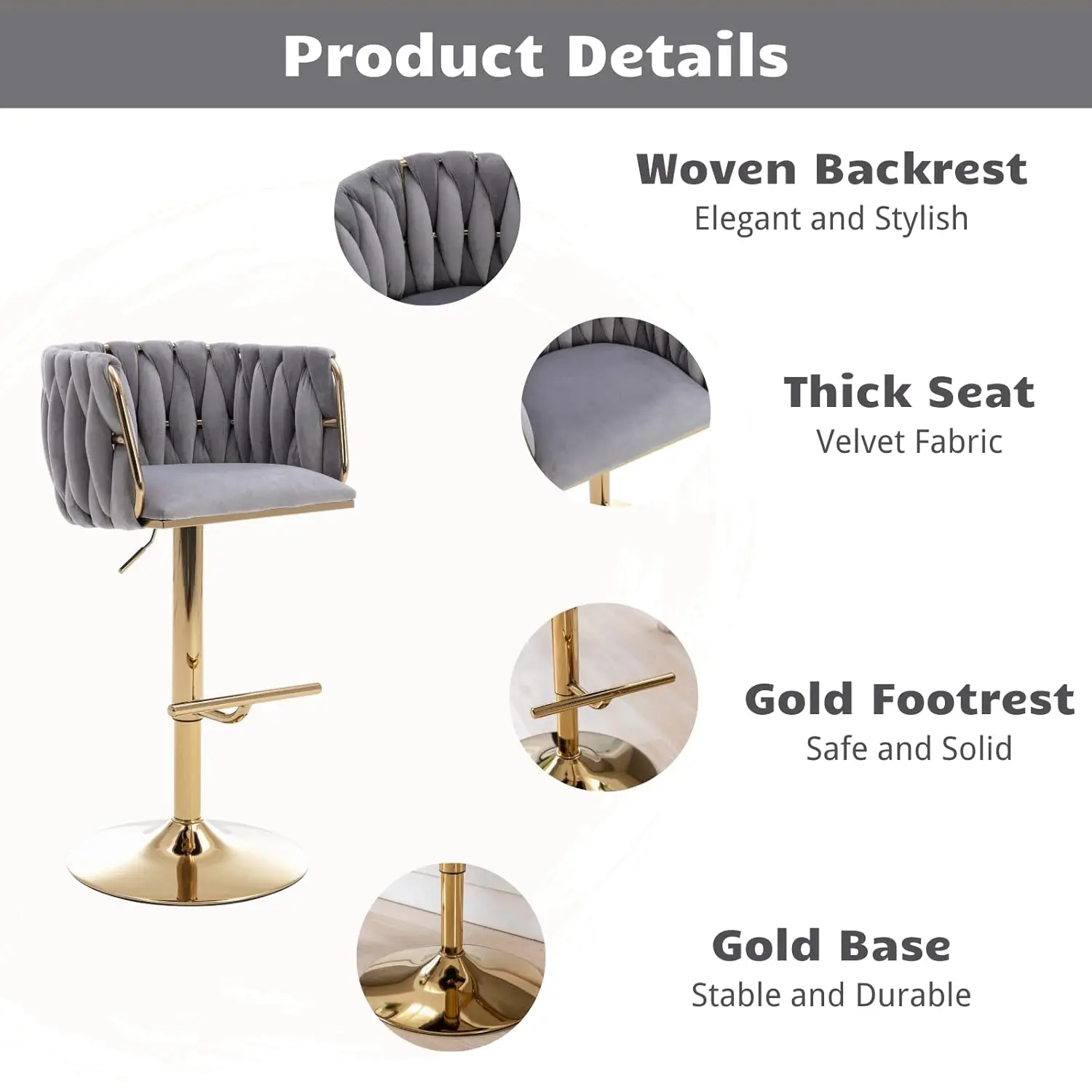Adjustable Swivel Bar Stools Set of 2 Velvet Woven Back Gold Base Counter Height Kitchen Island Grey Customized