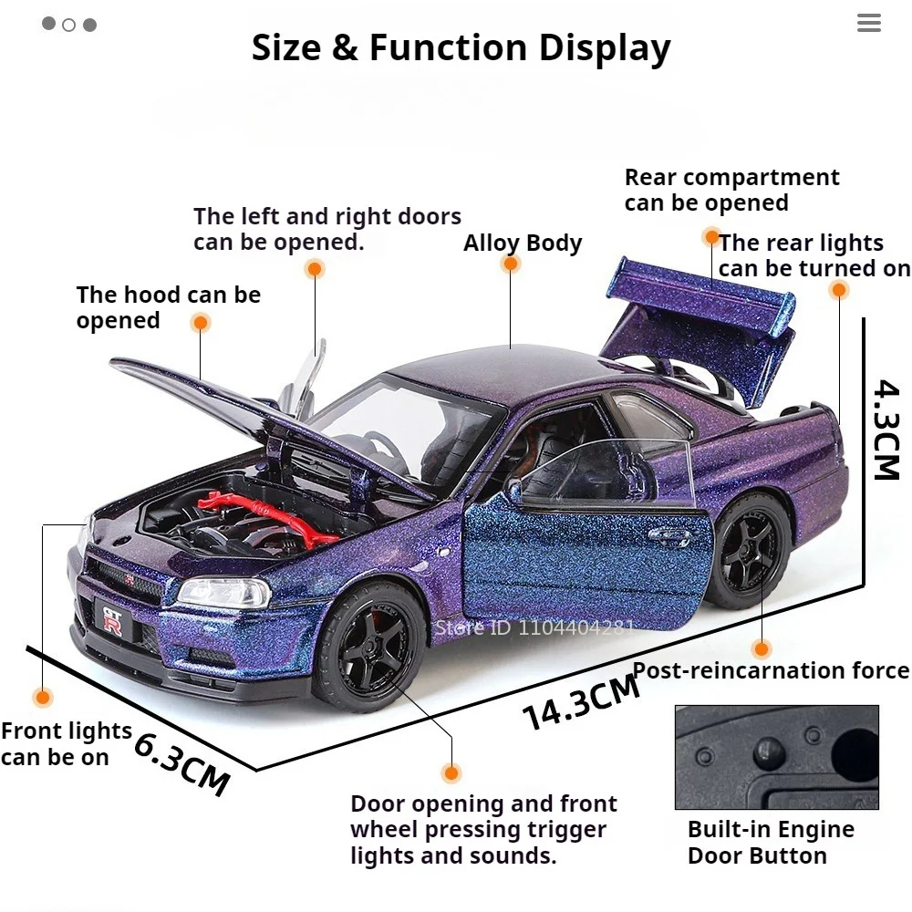 1:32 GTR R34 Skyline Model Car Diecast Alloy Toys with Sound Light Pull Back Doors Can Opened Miniature Sportscar Classic Gifts