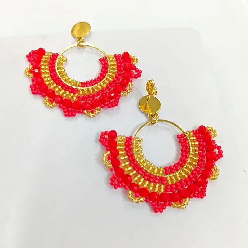 

2025 Handmade Beaded Earrings Originality Sector Crystal Hand Knitting Bohemia Geometry Circle Beaded Earrings for Women