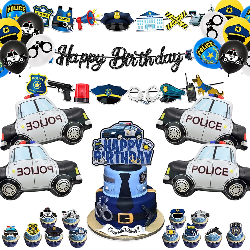 Polizist Geburtstagsdekoration Banner Tortendekoration Polizeiauto Ballons für Kinder Jungen Mädchen Polizei-Themenparty Dekorationszubehör