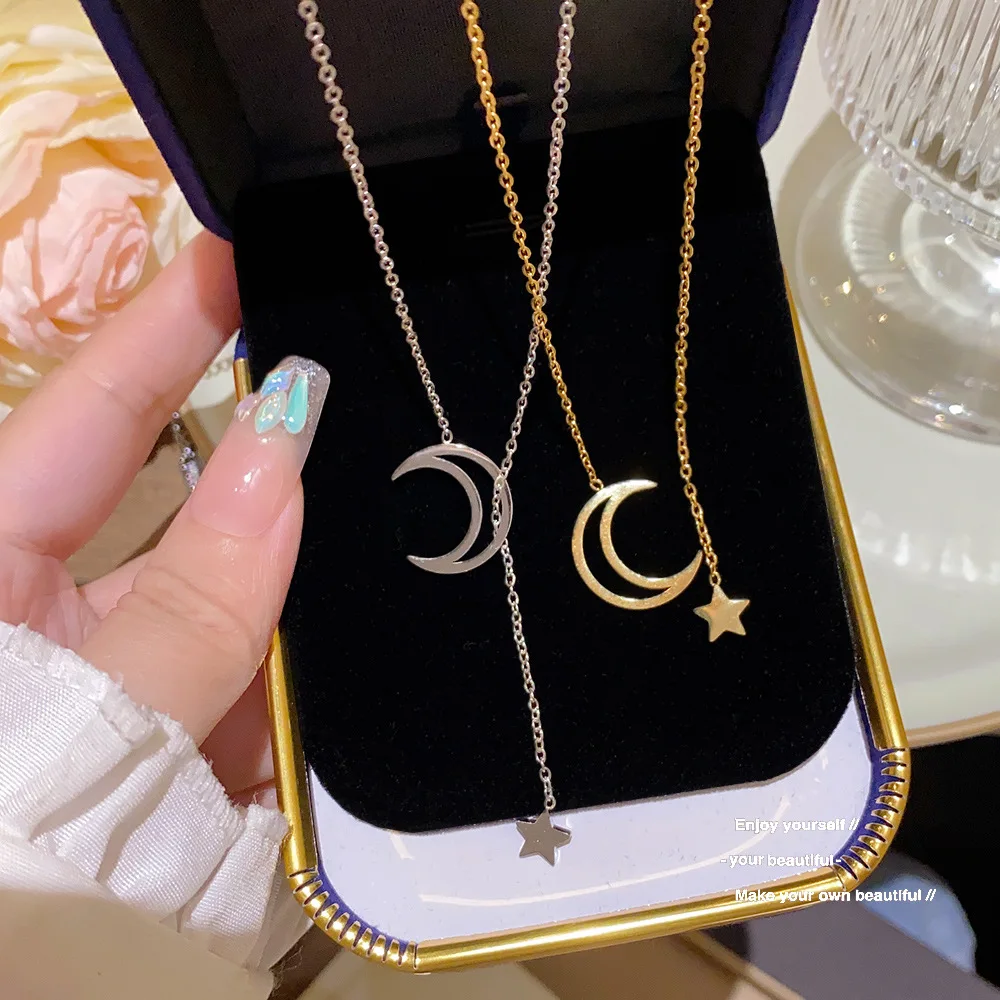 Korean Style Moon Star Y Lariat Necklace Silver Gold Adjustable Stainless Steel Chain Minimalist Sweet Lady Jewelry Present