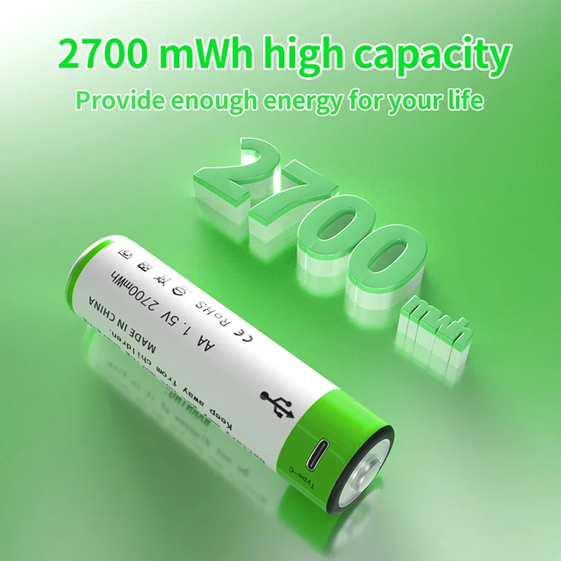 2700mAh 1.5VUSBaa rechargeable lithium battery, suitable for toy remote controls, mice, and other USB batteries