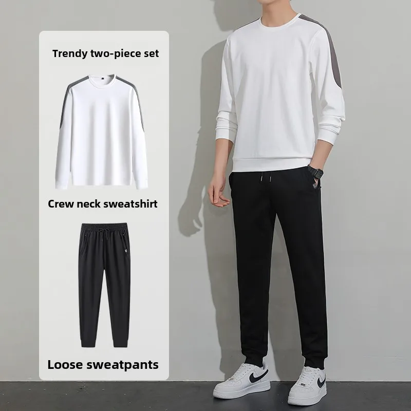 Autumn Men Sports Suit Round Neck Pullover Loose Breathable Drawstring Straight Leg Pants Minimalist Style Office Men's Clothing