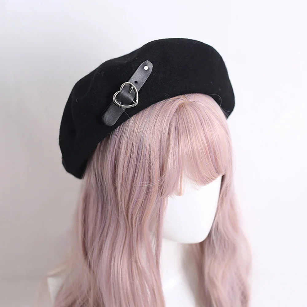 Punk Women Berets Y2 Fashion Hat JK Hat Cute PU Chain Heart Love Harajuku Japanese Lolita Wool Kawaii Women Caps Accessories