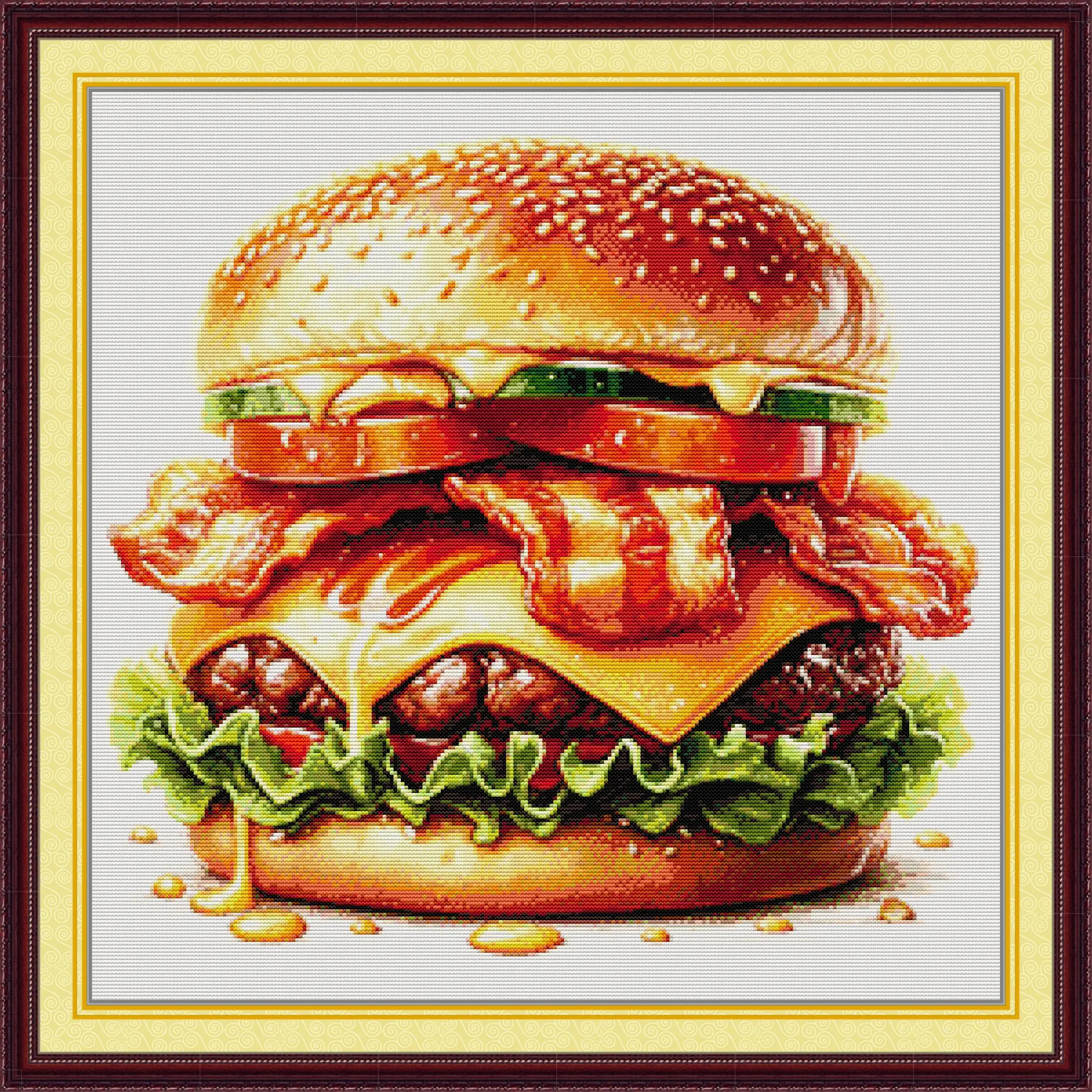 

Soulgift News Pre-Printed Cross Stitch Kit, Stamped Aida Fabric with DMC Threads, Embroidery kit - Hamburger