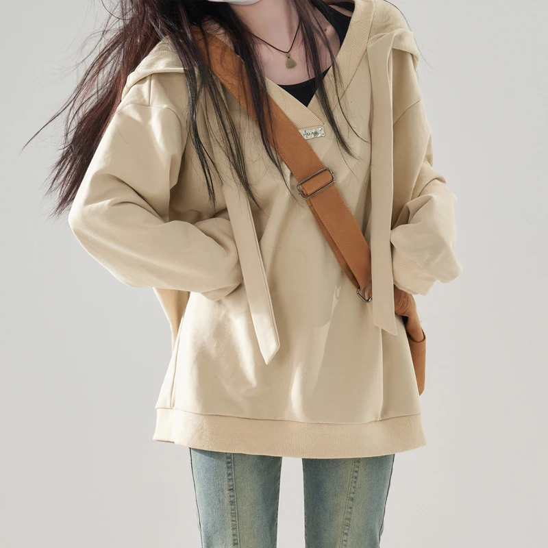 Hooded Cotton Hoodies Women'S Y2K Top Dirtied Emo Wine Punk-Style Look Line Spring Tops Weight Drop-Shoulder Casuals Asymmetric