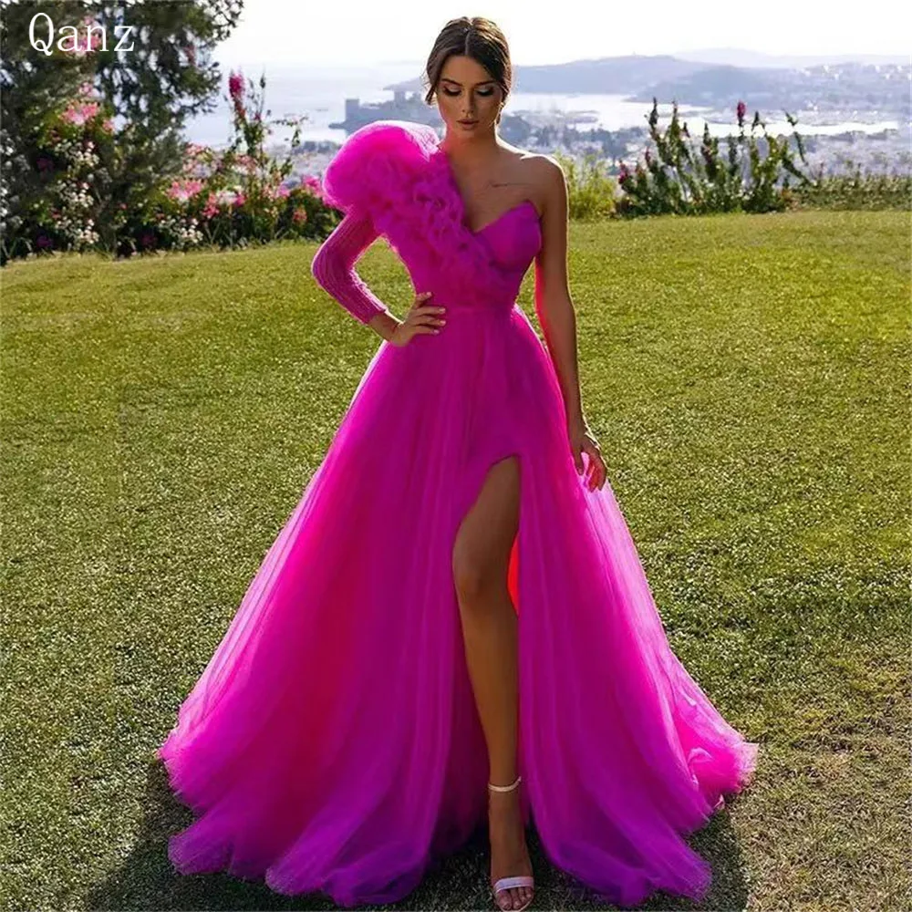 

Qanz Tulle Evening Dresses Vestidos De Fiesta One Sleeve V-neck Puff Organza Arabic Dubai Formal Gowns Side Split Evening Gowns