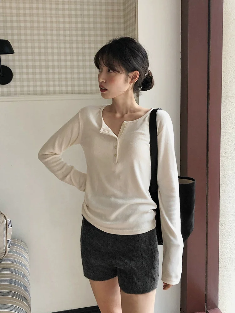 

Long Sve Button round Ne T-irt Women's Slim Fit Soft Skin-Friendly Cotton Base Layer irt Autumn Faion Casual Sle