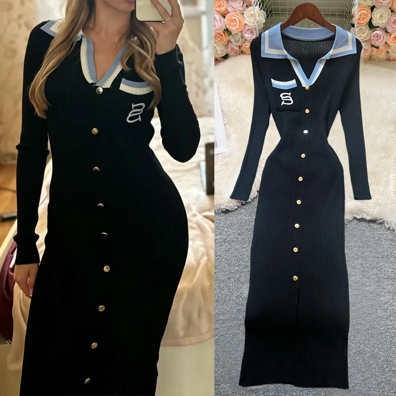 YuooMuoo Markenmode Herbst Strickkleid Damen 2026 Neues Besticktes Langarm Bodycon Pulloverkleid Streetwear Damen-Outfits – Detail 1