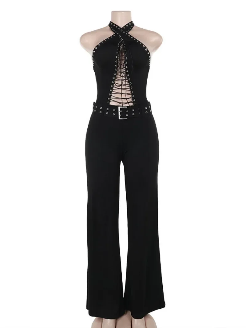 Mode dames bandage jumpsuits halternek mouwloos hoge taille overall party club outfit vetersluiting rugloze bodysuit zwart