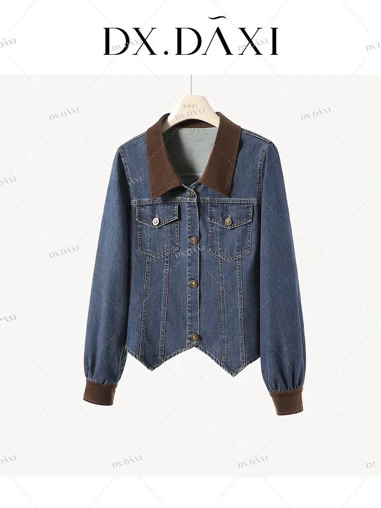 

Джинсовая цветная блузка в стиле ретро, женская куртка, осеннее новое длинное пальто из смеси хлопка неправильной формы, повседневная одежда