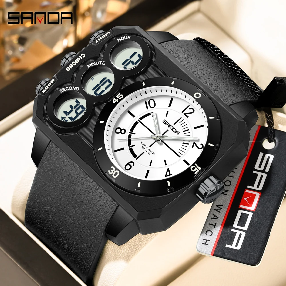 

SANDA мужские часы квадратный большой циферблат водостойкие наручные часы с двойным дисплеем мужские хронограф цифровые часы мужские военные кварцевые часы