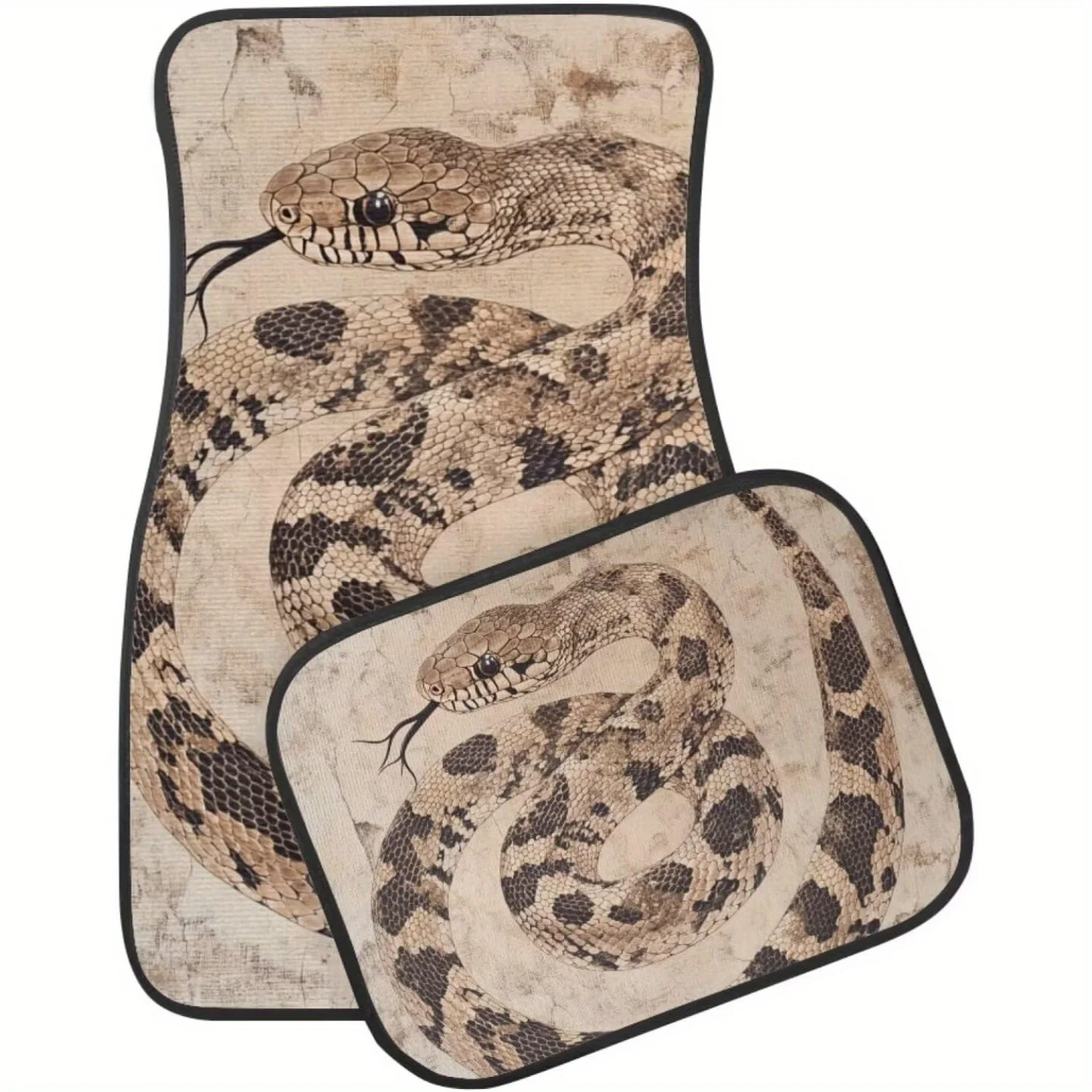 4pcs All-Weather Fit Car Floor Mats Set With Diamondback Rattlesnake Print - Heavy-Duty Snake Light Beige Texture Design, Easy-C
