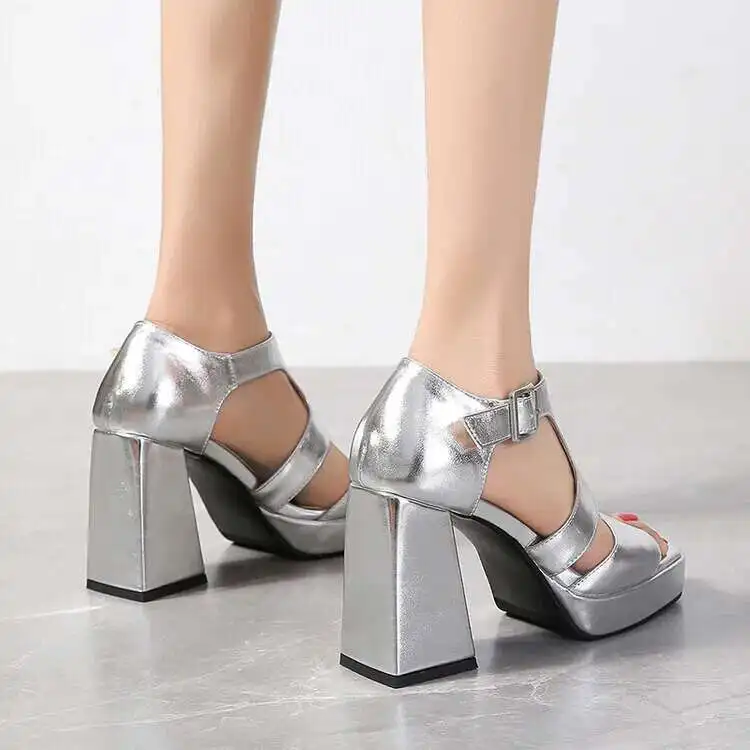 Silver Thick Heel Platform Sandals Comfort Shoes Women's Daily Work Sandals