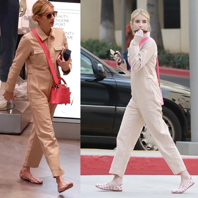 

Emma Roberts Street Sle Casual Cotton Overalls Nine-Piece Jumpsuit Workwear Look Mid-Waist Seven-To Nine-Piece Pants