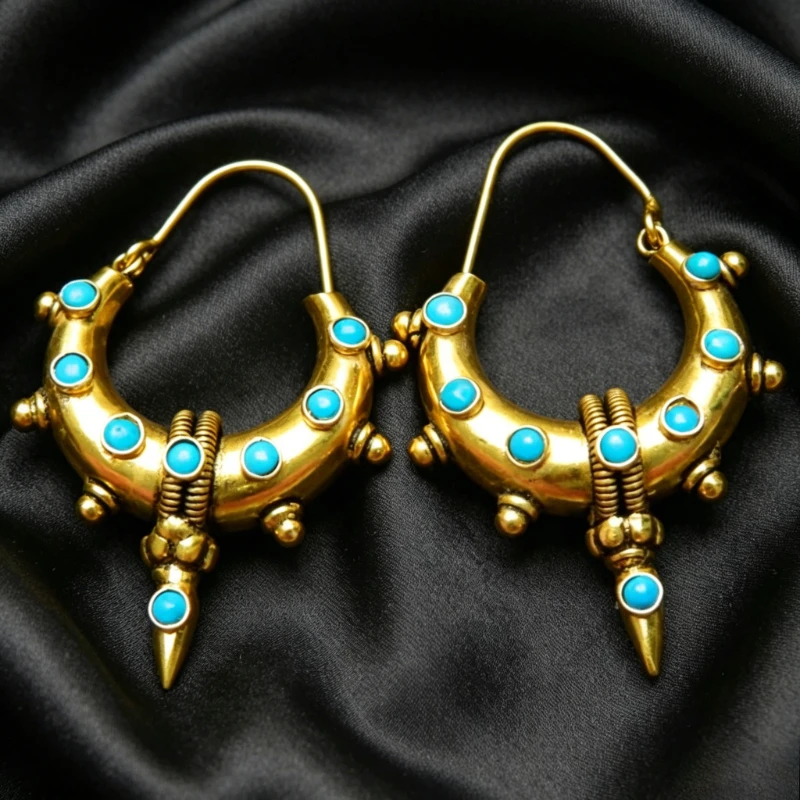 Boucles d'oreilles créoles vintage en turquoise synthétique plaqué or avec rivets, style punk, pour femme, bijoux de célébration et de banquet