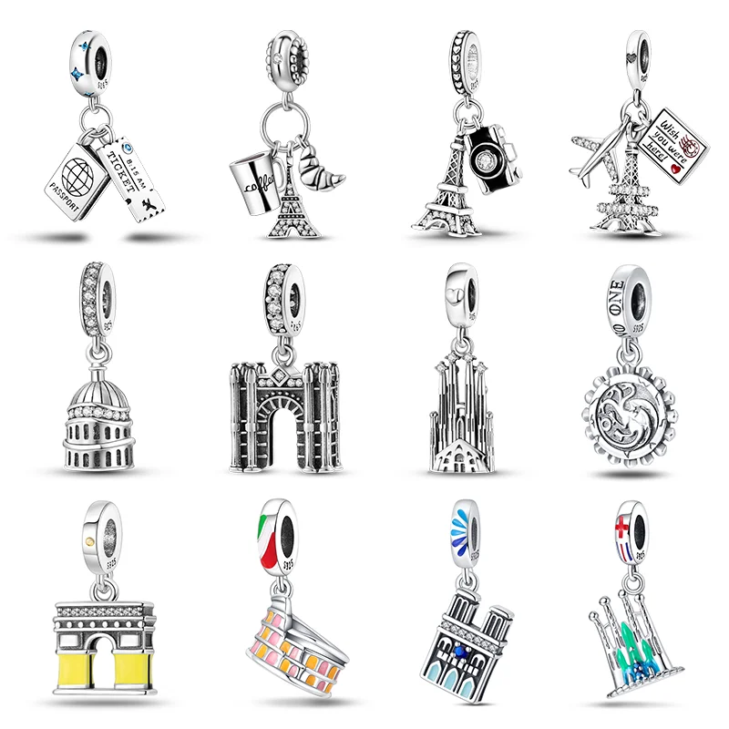 925 Sterling Silver Fashionable Tower Architectural Silver Collection Charm Beads for Brand Original Bracelet DIY Jewelry Gift