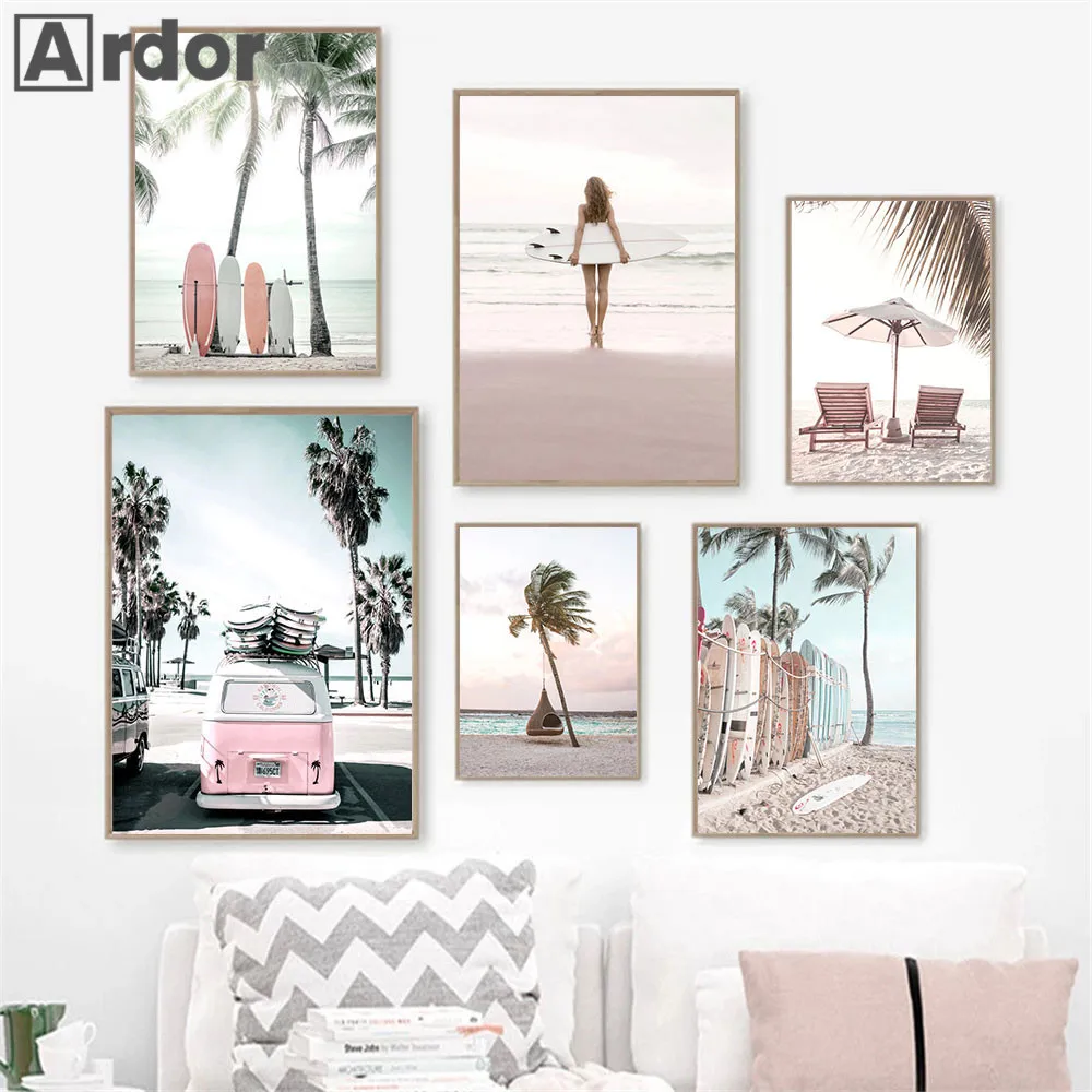 Starfish Shell Surf Girl Painting Beach Palm Tree Surfboard Canvas Print Pink Car Flamingo Wall Art Poster Pictures Home Decor