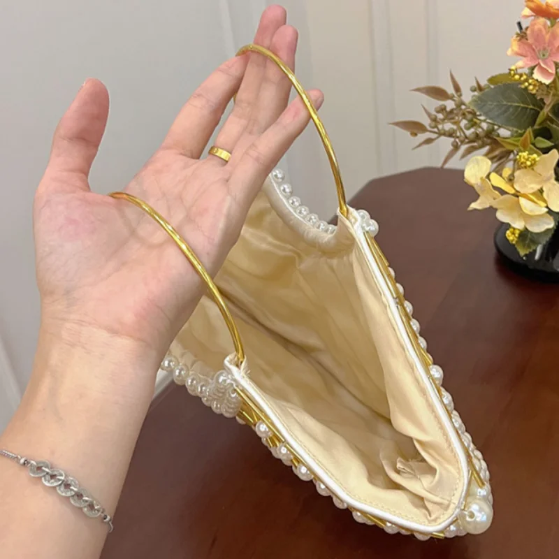 French Pearl Fan Evening Bag Hand Woven Hollow Shell Shape Metal Ring Handle Handbag Luxury Beaded Clutch Elegant Wedding Purse