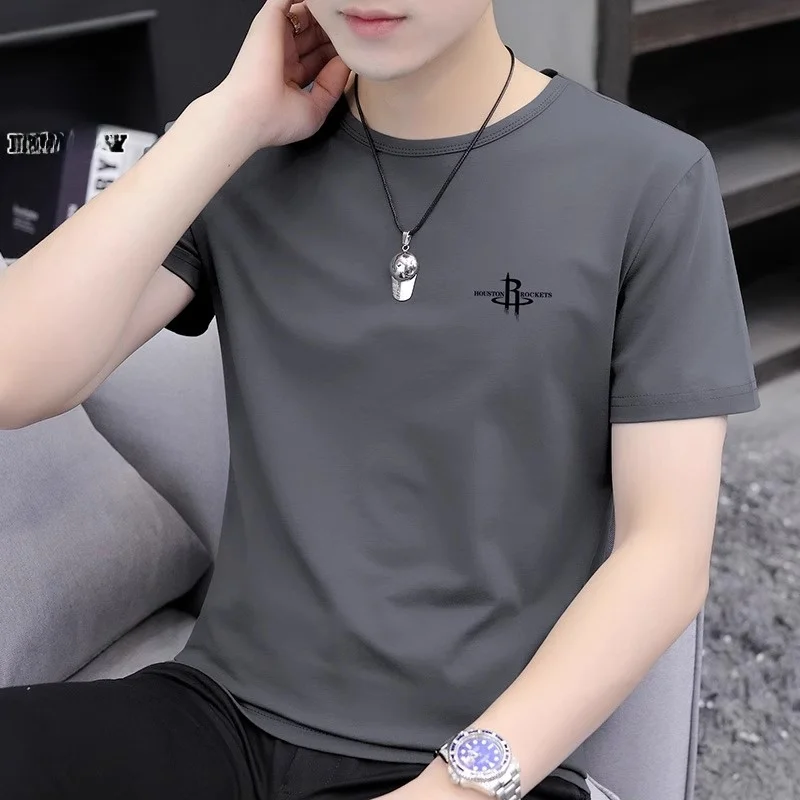 

Мужская летняя футболка из чистого хлопка с круглым вырезом, новая модная повседневная модель, молодежная, свободного кроя, не мнется