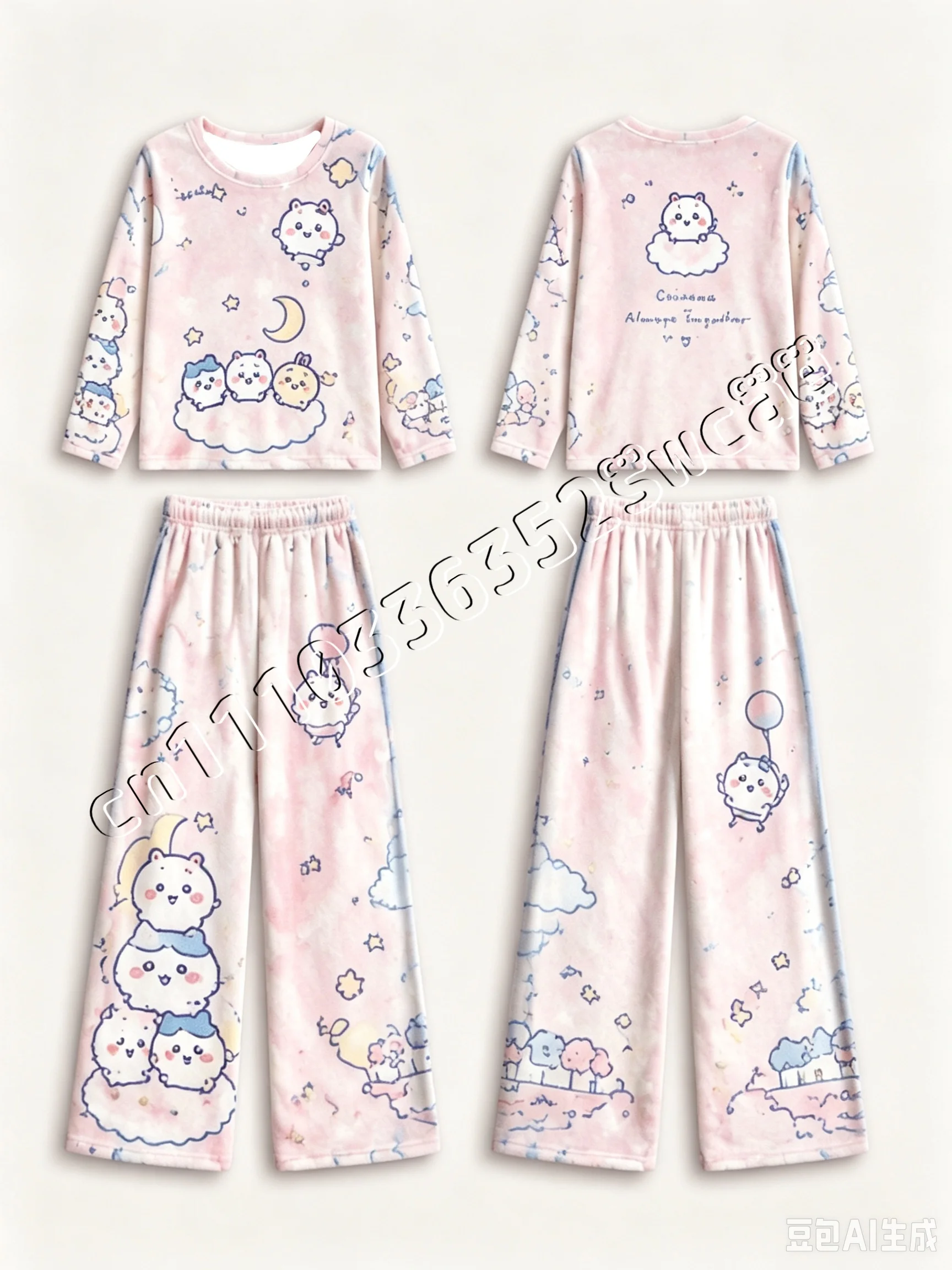 26/27 Chiikawa Flanell-Pyjama-Set, süßes Cartoon-Design, langärmeliges Oberteil und Hose, Herbst- und Winter-Loungewear, Freizeitkleidung für zu Hause, passend für die ganze Familie. – Detail 7