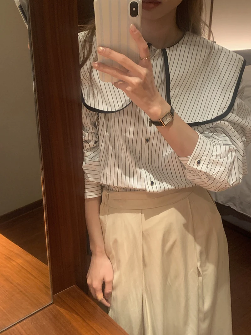 

Korean Sle Retro Color Blo Striped Long Sve Large Collar Women's irt Sweet Sle Top for Autumn Season