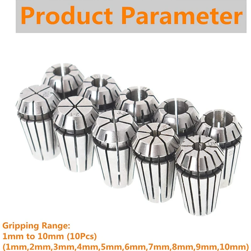 Pinza de resorte Er16 de 10 piezas con 1 eje de Motor de piezas, soporte de varilla de extensión de 8Mm, herramienta de fresado CNC, máquina de grabado de 1Mm-10Mm
