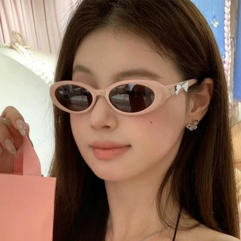 

Новые ретро овальные солнцезащитные очки с бантом, женские модные солнцезащитные очки в маленькой овальной оправе, брендовые дизайнерские очки, очки для отдыха на открытом воздухе UV400