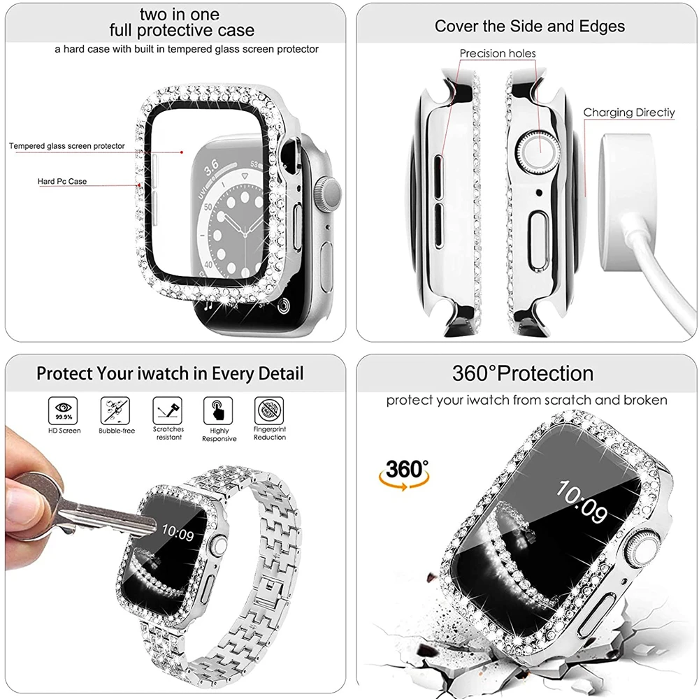 Women\'s Diamond Case + Strap for Apple Watch Band 9 8 7 41mm 45mm 40mm 44mm Metal Bracelet for iWatch Series 7 SE Jewelry Cover