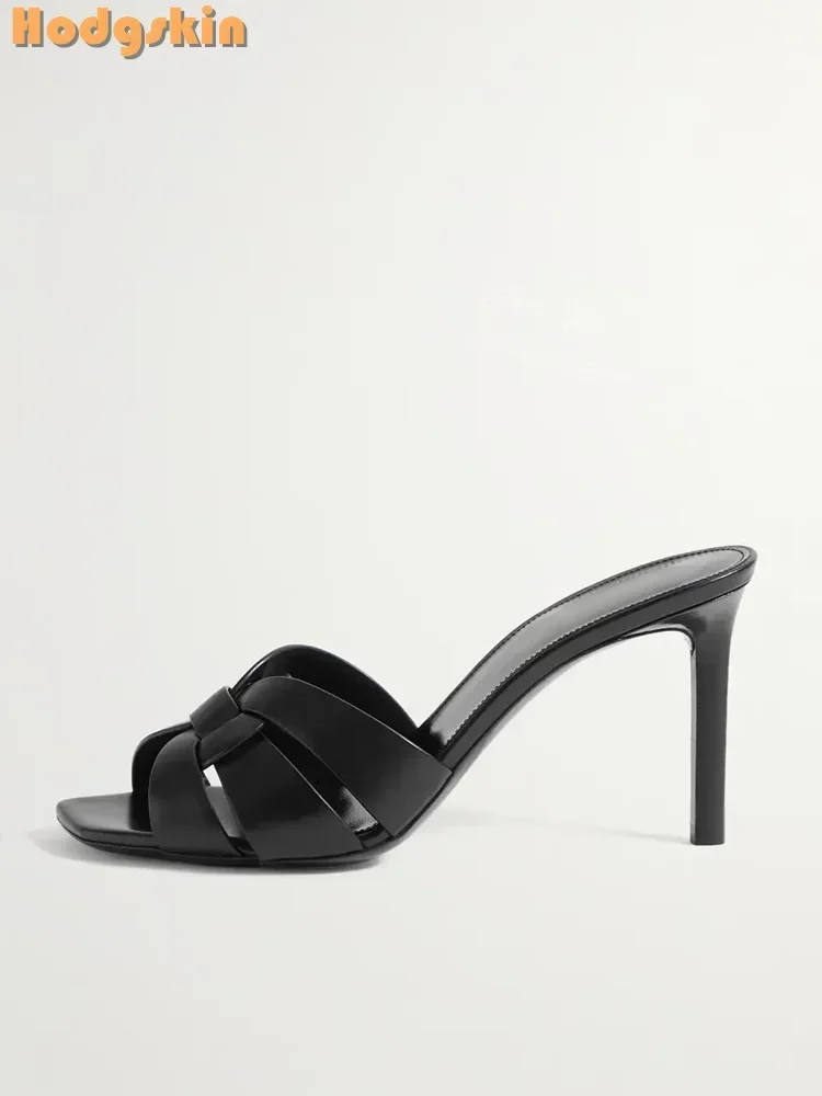 Sexy Woven Straps Slippers Leather Square Toe Shallow Pull-on Stilettos Dress Shoes 2025 Summer Women Outside Mules Thin Heeled