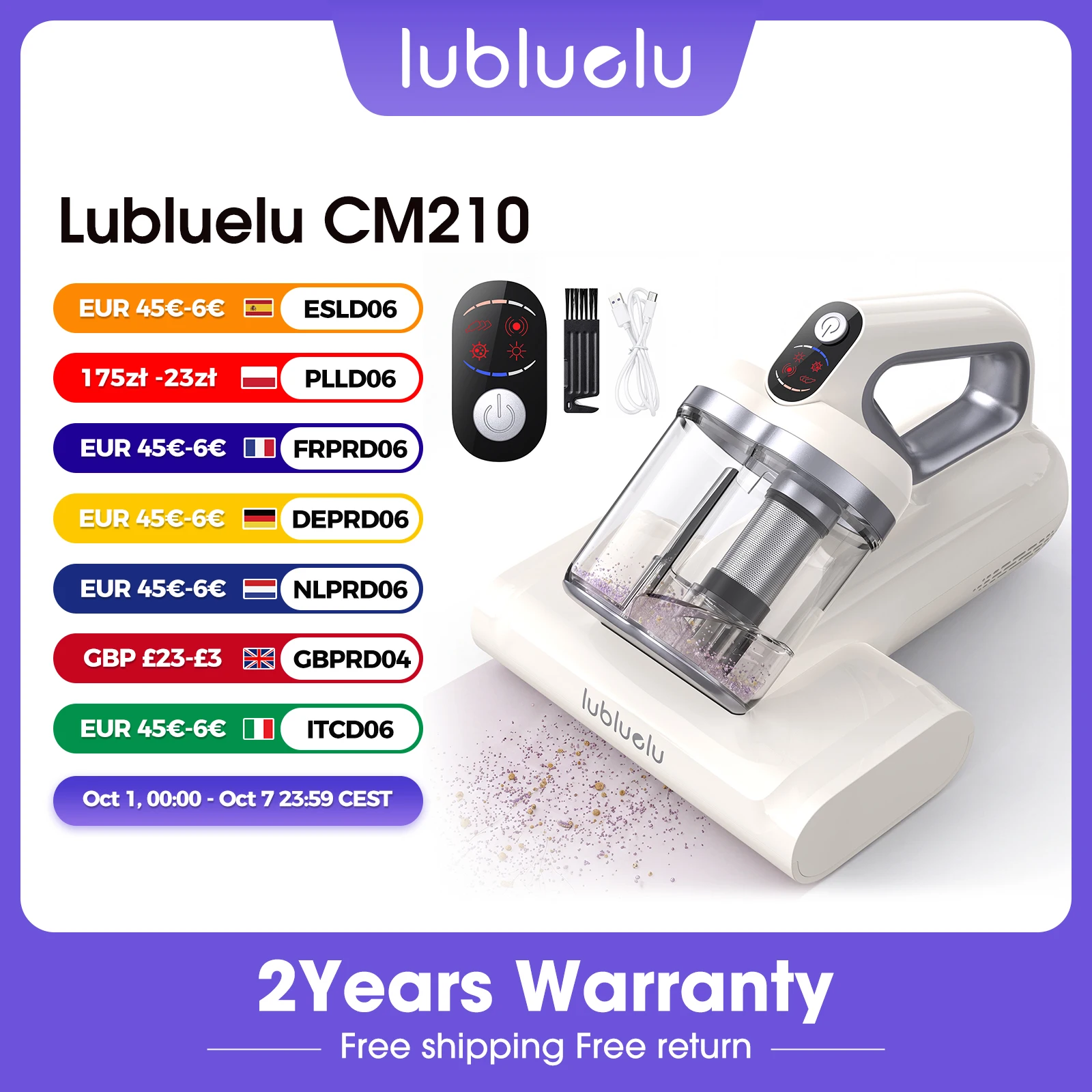 Image of Lubluelu CM210 Kabelloser Milbensauger Handstaubsauger für Betten und Matratzen mit 15Kpa Saugkraft UV-C Licht Tiefenreinigung Roboter-Milbenreiniger