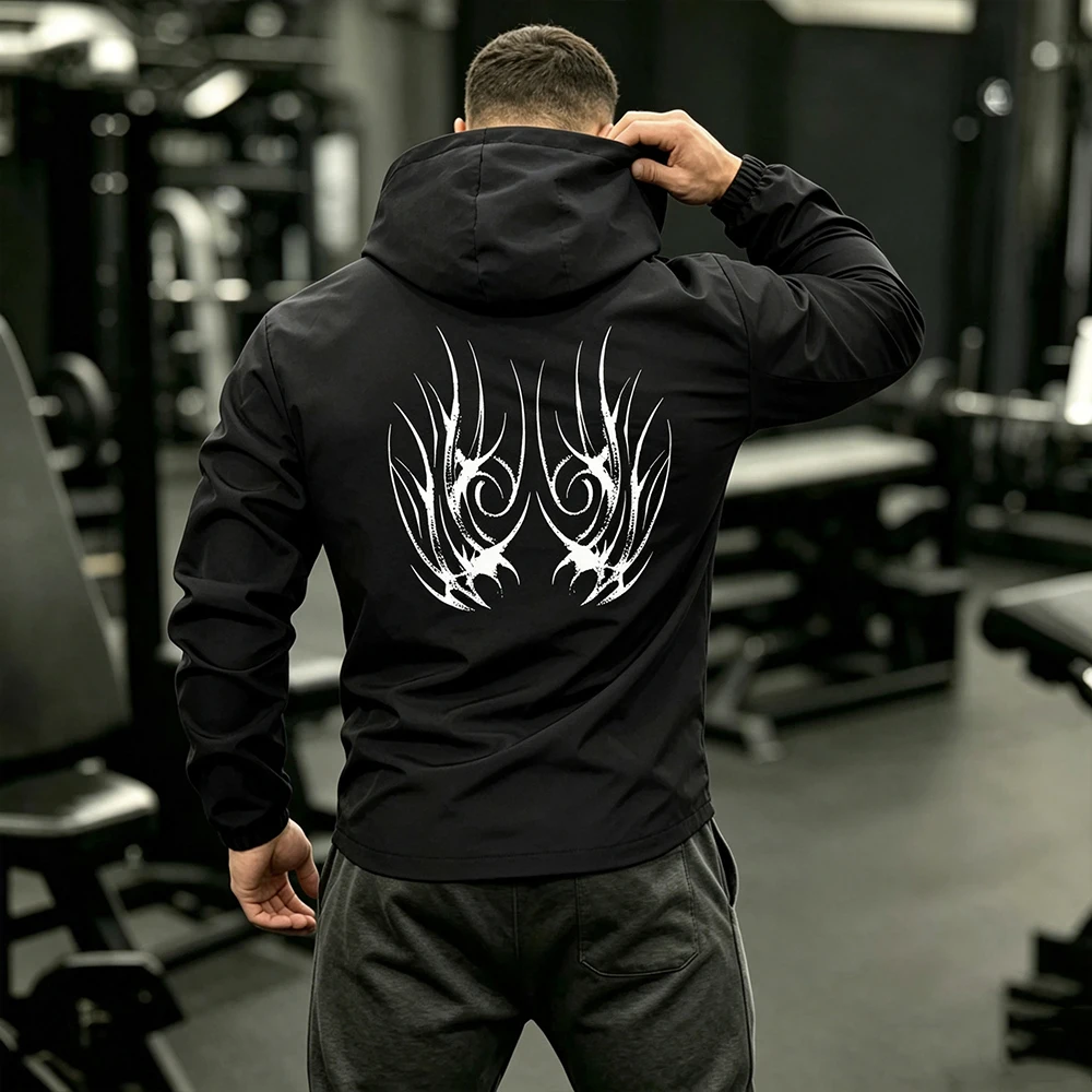 Men Casual Sport Stand Collar Hooded Coat Fire Totem Graphics Print Full Zip & Side Stripes Zipper Pocket Daily Running Jacket