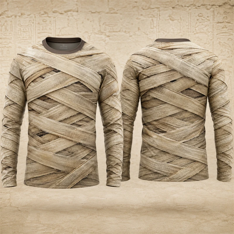 Novelty Men Long Sleeve T‑Shirt Realistic Mummy Wrapped Bandage 3D Print Tee Halloween Cosplay Casual Fashion Top Festival Party