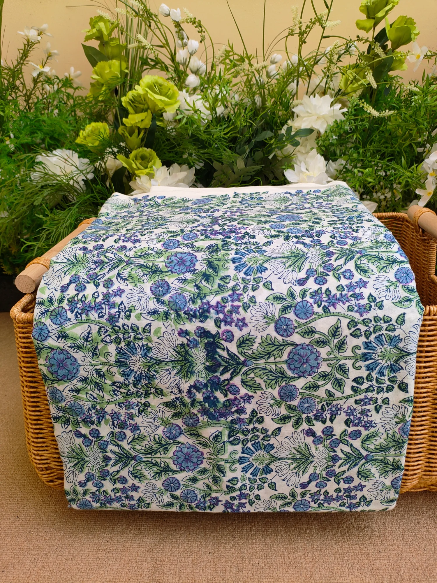 Indian Hand Block Printed blue white Colors 100% Soft Cotton French Linen Fabric for Sewing, Clothing, Pillow, Sofa, Tablecloths