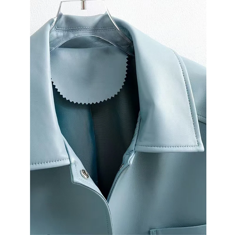 Vielseitige Lederjacke für Frauen 2024, weiblich sieht schlank aus, zeigen dünnes kurzes Hemd, blauer Ingwer-Freizeitmantel, Streetwear, Jaqueta
