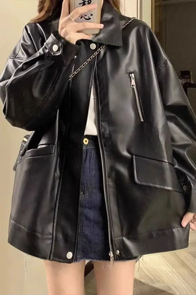 

Vintage Black PU Leather Jacket Women's Fall Spring Thickened Retro Biker Coat