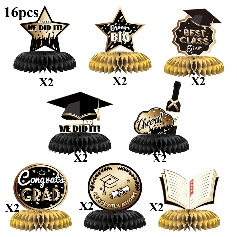 16Pcs Black Gold Graduation Season Honeycomb Ornament for University Graduation Party Classroom Podium Desktop Decoration Supply