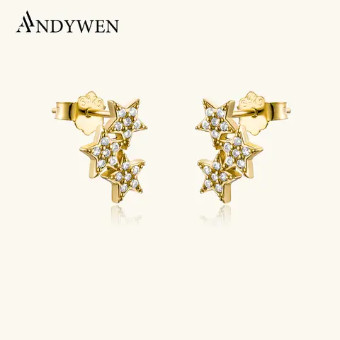 ANDYWEN 925 스털링 실버 골드 별이 빛나는 하늘 Spakle 스타 스터드 귀걸이 피어싱 여성 피어싱 럭셔리 쥬얼리 여성 크리스탈 CZ