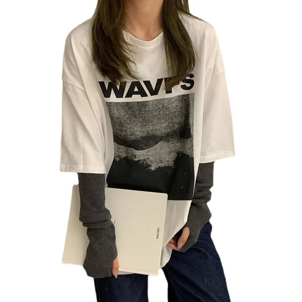 

Korean Style Women's Mid-Length Loose Short-Sleeved T-shirt Retro BF Style Summer Top for Students All-Match