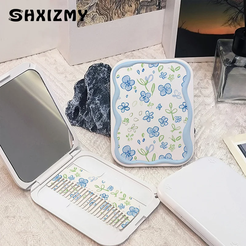 Cartoon Blue Flowers Pattern Flip-Top Folding Makeup Mirror Portable Pocket Mirror Rectangle Cosmetic Mirror With Comb For Women