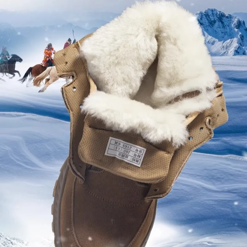 أحذية صوف دافئة الذكور البقرة المدبوغ المشي لمسافات طويلة حذاء من الجلد غير رسمي الشباب الشتاء الثلوج أحذية الرجال الفراء الدانتيل يصل عالية أعلى سميكة #4