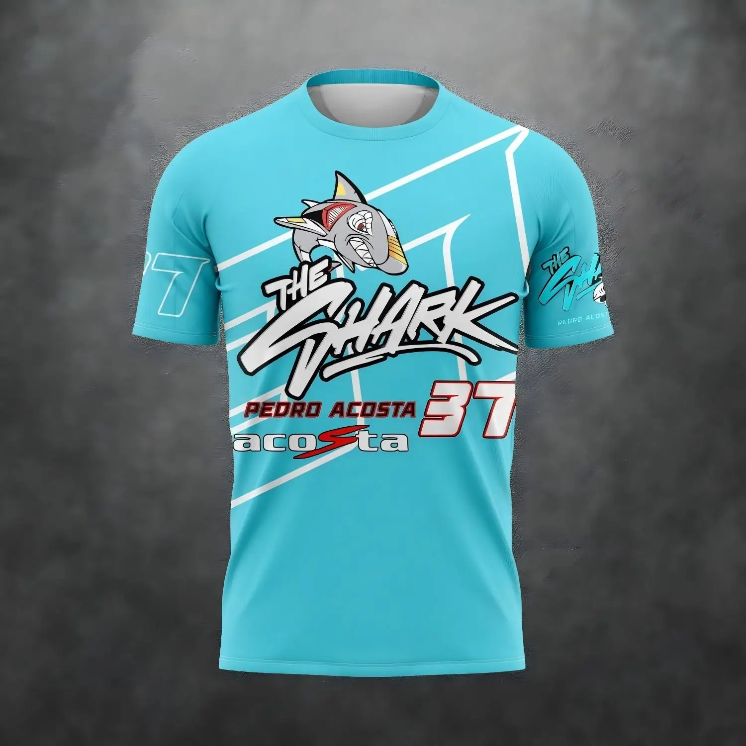 Lässiges Kurzarm-T-Shirt für Herren und Damen mit 3D-Druck im Carreras Shark Design Pilot Pedro Acosta Nr. 37 T-Shirt – Detail 7