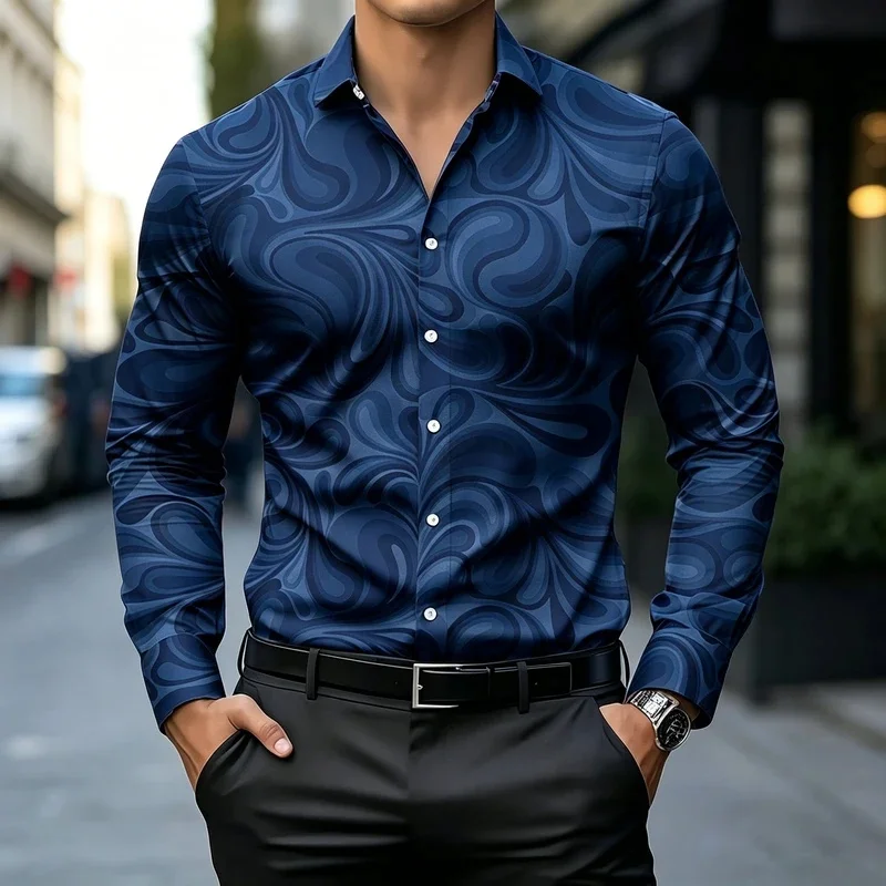 Men's Printed Collared Slim Fit Long Sleeve Shirt, All-over Print Flowy Shirt, Plus Size Trendy Party Cardigan Top