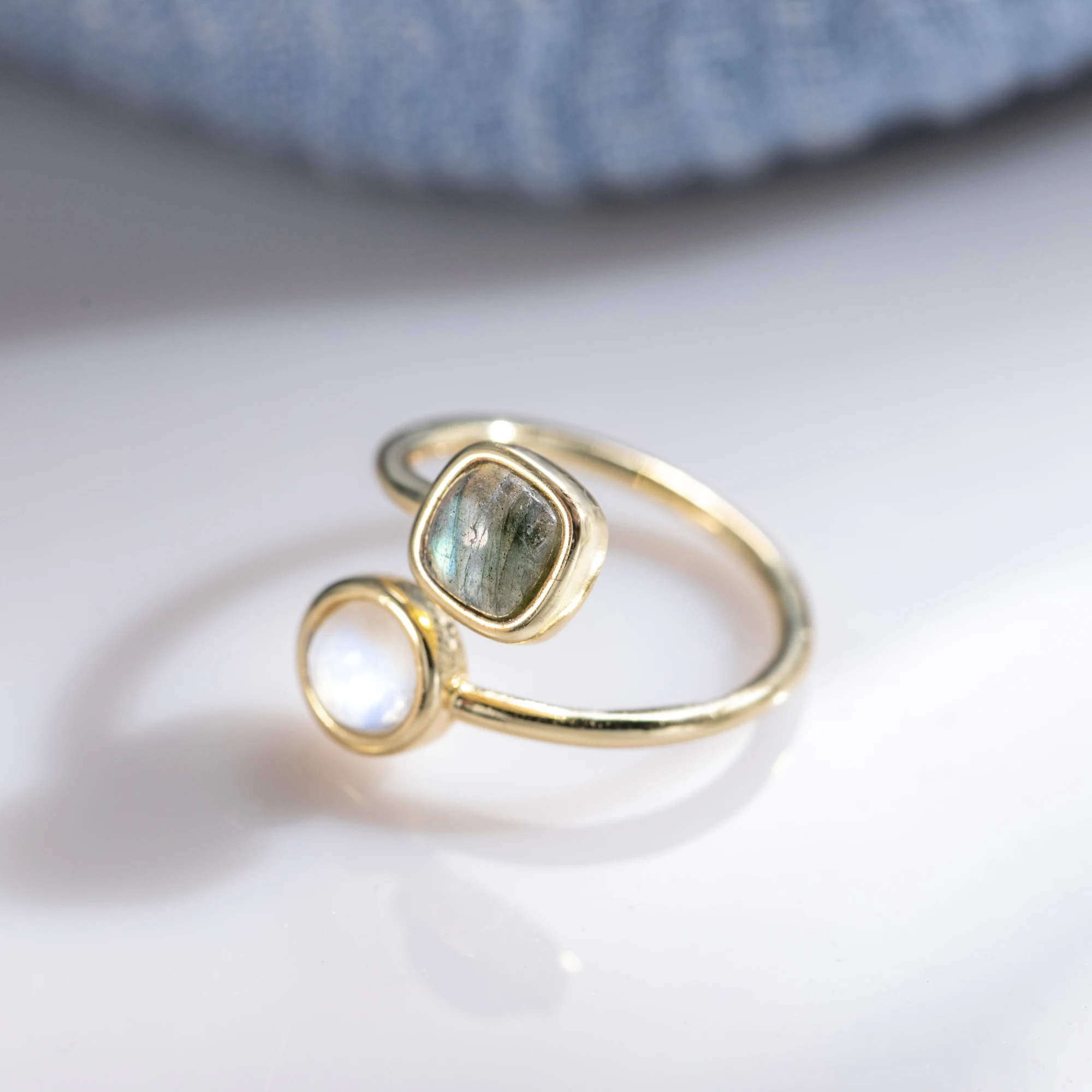 Natural Round Moonstone & Square Labradorite Double Stone Open Ring Luxury Adjustable Copper Rings for Woman Anniversary Gifts