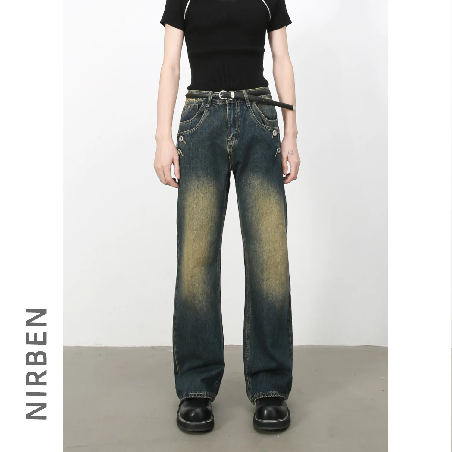 Denim American Retro High Street Button Micro-horn Jeans Men's Wash Loose Straight Trousers Tide