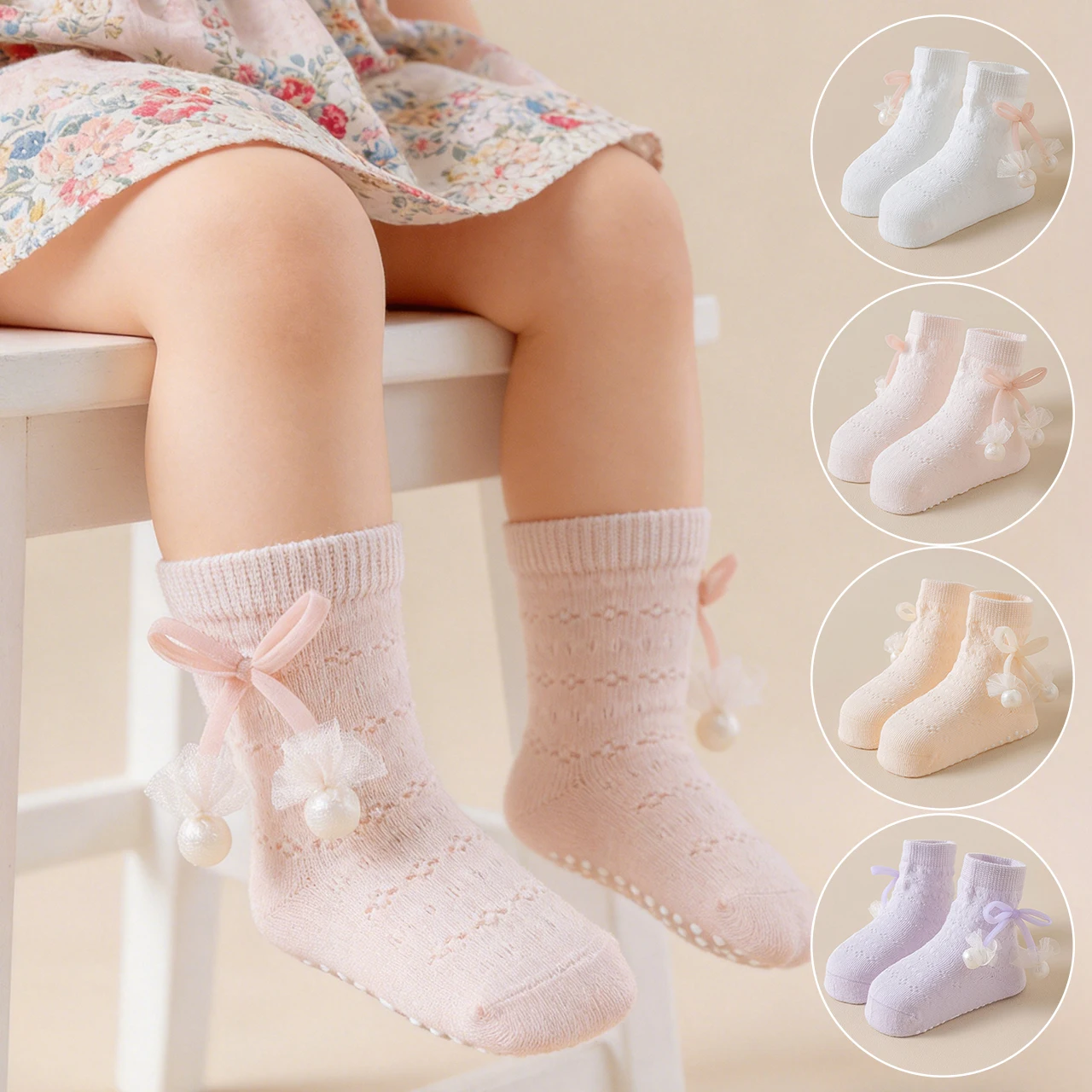 

White Pearl Pendant Princess Girl Calf Socks Summer Children Mesh Sock 0-3Year Newborn Footwear Solid Color Cotton Sock Non-slip