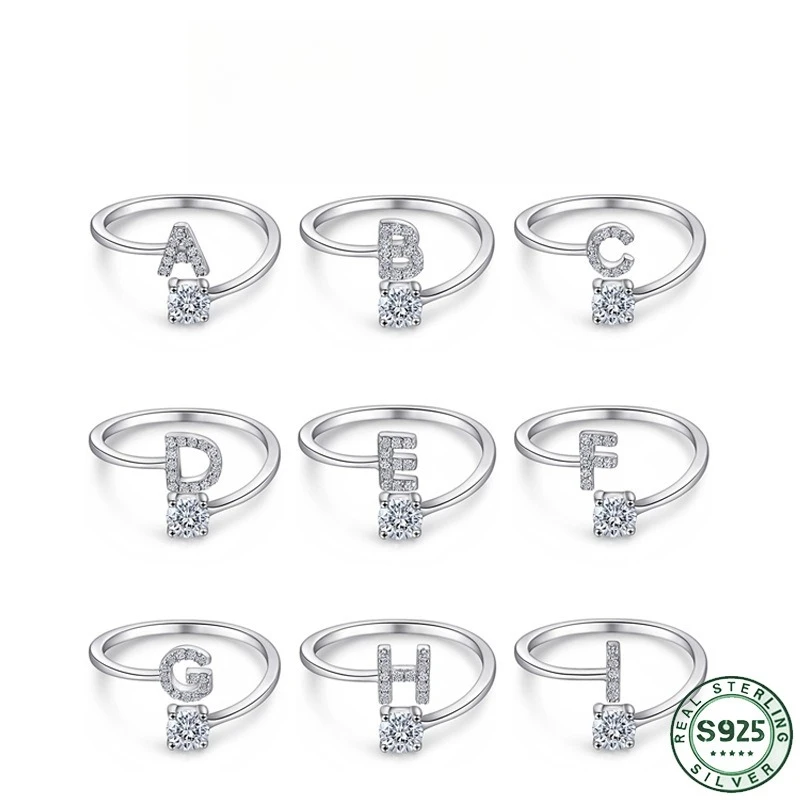Hot selling 26 English a-z letters 100% S925 silver rings, women's diamond set zircon open-end rings, wedding jewelry